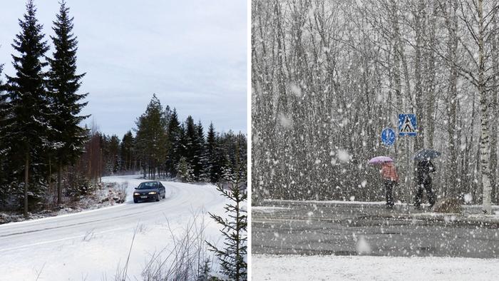 Ajokeliä joulun menoliikenteessä heikentävät lumisade ja liukkaat tiet.