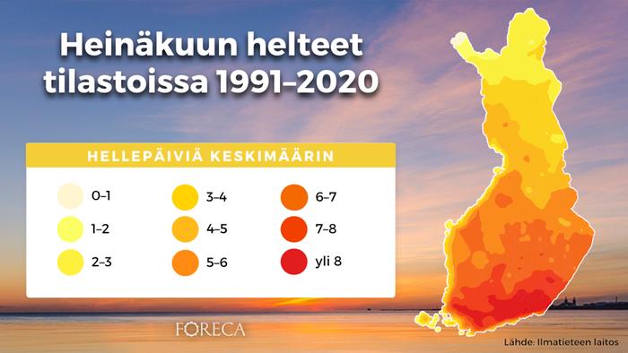 Hellepäivien keskimääräinen määrä heinäkuun aikana vertailukaudella 1991–2020. Helteellä tarkoitetaan vähintään 25,1 asteen lämpötilaa.
