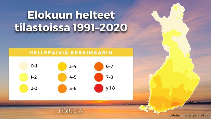 Hellepäivien keskimääräinen määrä elokuun aikana vertailukaudella 1991–2020. Helteellä tarkoitetaan vähintään 25,1 asteen lämpötilaa.
