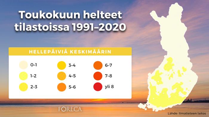 Hellepäivien keskimääräinen määrä toukokuun aikana vertailukaudella 1991–2020. Helteellä tarkoitetaan vähintään 25,1 asteen lämpötilaa.