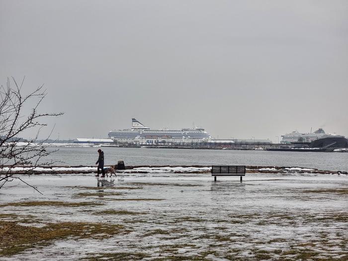 Lauha sää sulatti lumia Etelä-Helsingistä helmikuussa.