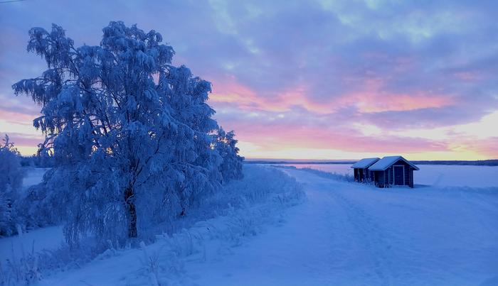 Pastellisävyinen pakkaspäivä Kemijärvellä.