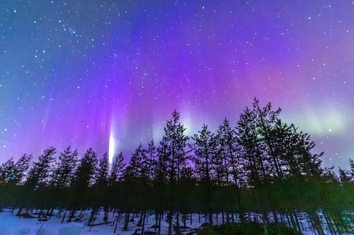 Maaliskuisia revontulia Taivalkoskella.
