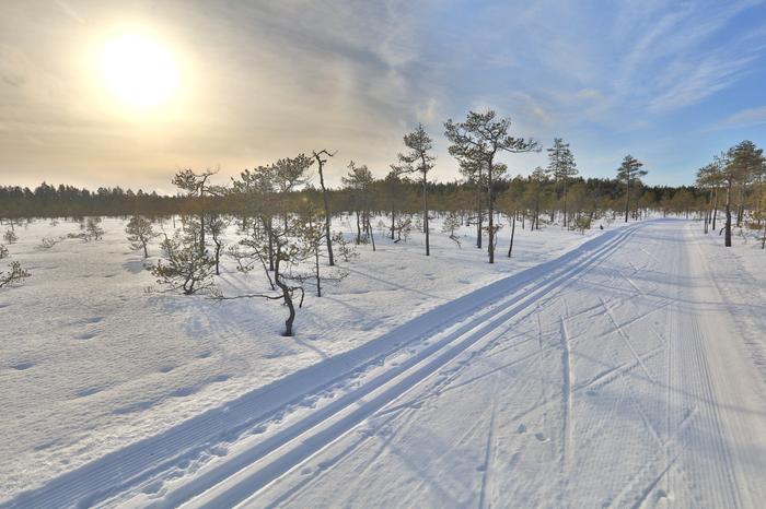 Aurinko pilkahteli kevättalven laduilla Vaalassa.