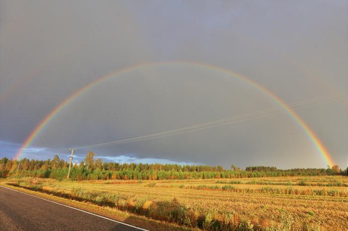 Sade ja aurinko saivat illalla aikaan sateenkaaren.