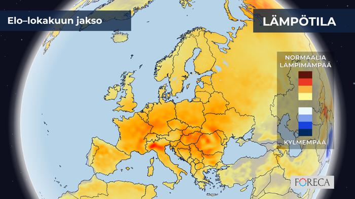 Elo–lokakuusta ennustetaan lähes koko Euroopassa tavanomaista lämpimämpää. Erityisesti keskisessä Euroopassa loppukesä voi olla tukalan kuuma ja kuiva. Niinpä riskinä ovat laaja-alaiset maastopalot.