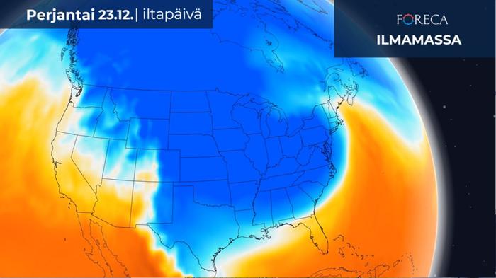Kylmä ilmamassa peittää lähes koko Yhdysvallat perjantaina aatonaattona. Sinisellä alueella voi esiintyä yöpakkasia.