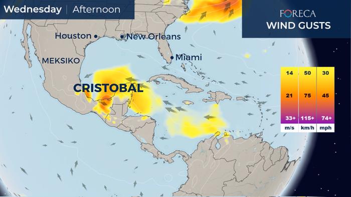 Trooppinen myrsky Cristobal kulkee ennusteen mukaan Meksikosta kohti Yhdysvaltoja loppuviikon aikana.