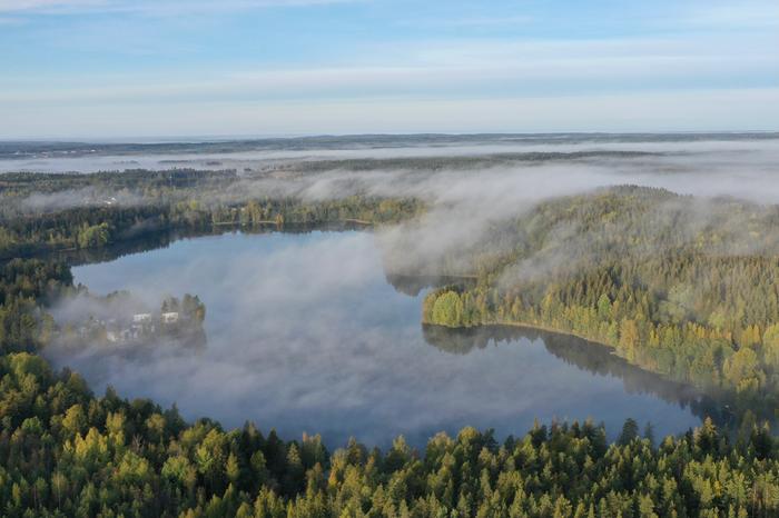 Järven ylle siirtyneen viileän ilman kosteus tiivistyi sumuksi ja kulkeutui tuulen mukana järveltä aina metsien ylle.