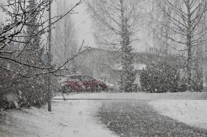 Lunta satoi ajoittain sakeasti Jyväskylässä 14. huhtikuuta 2020.