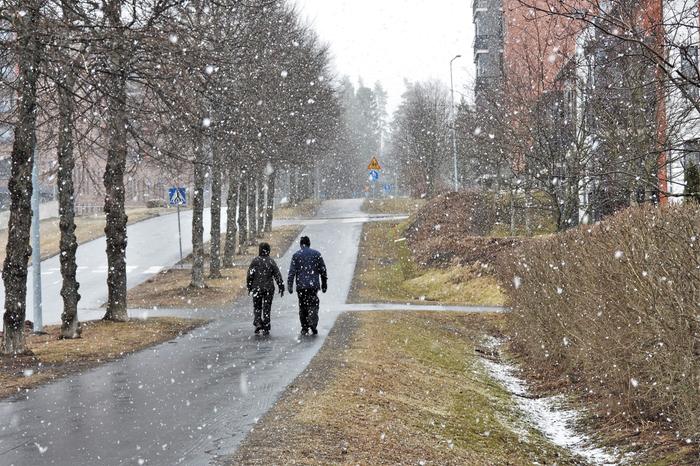 Lumisateita Jyväskylässä huhtikuussa 2020.