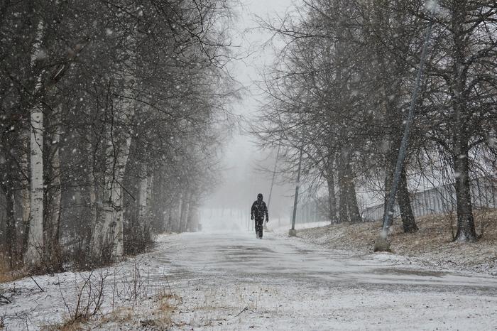 Lumisateita Jyväskylässä maaliskuussa 2020.