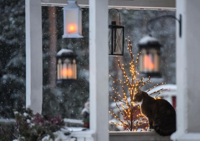 Lumihiutaleita ja joulun tunnelmaa.