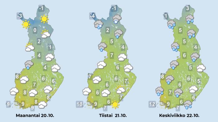Ennuste maanantaista keskiviikkoon 20.–22.10.2025.