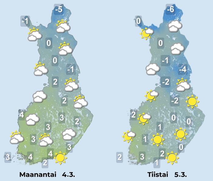 Sääennuste maanantaille ja tiistaille 4.–5.3.2024.