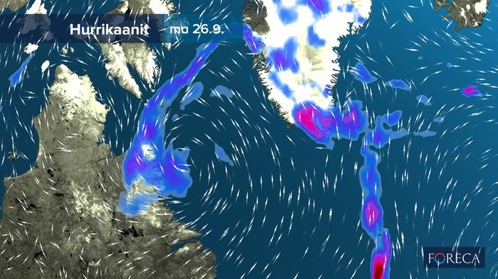 Hurrikaani Fionan jäänteet näkyvät maanantain 26.9. sääkartoilla tikkataulumaisena tuulinuolten kuviona Pohjois-Amerikan ja Grönlannin välillä.