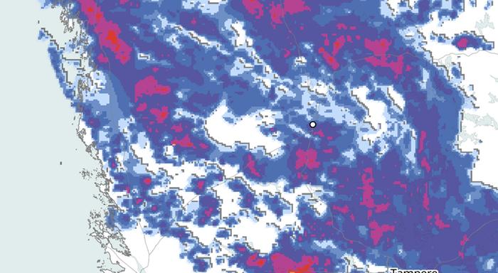 Hajanaisen sadealueen sisällä ei sada tasaisesti, vaan ajoittain.