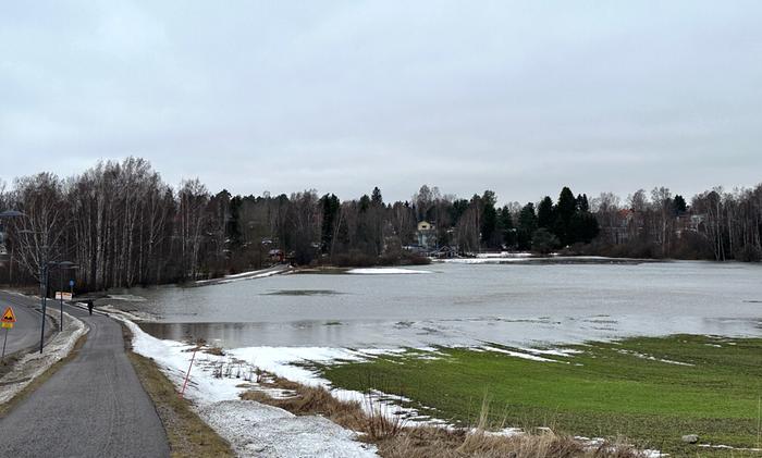Vesi tulvi pellolle Tuusulassa tammikuussa 2023.