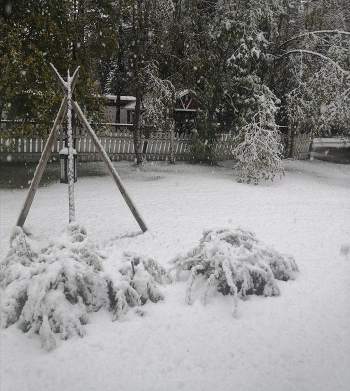 Lumisateita Oulussa syyskuussa 2021.