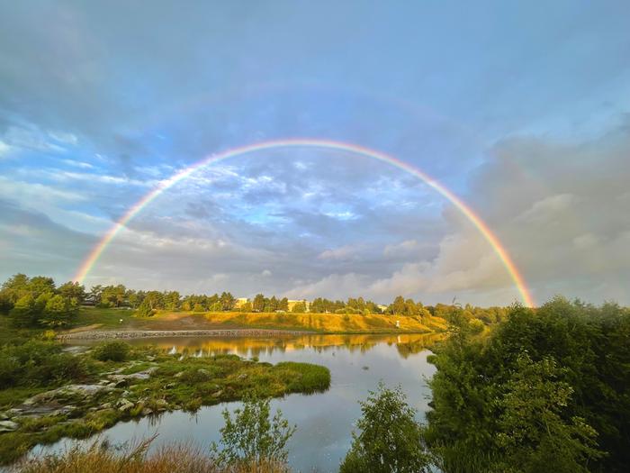 Elokuinen aamu ja sateenkaari.