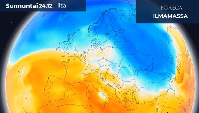 Ilmamassa jouluaattona 2023. Suomeen ja itäiseen Eurooppaan on levinnyt kylmää ilmaa.