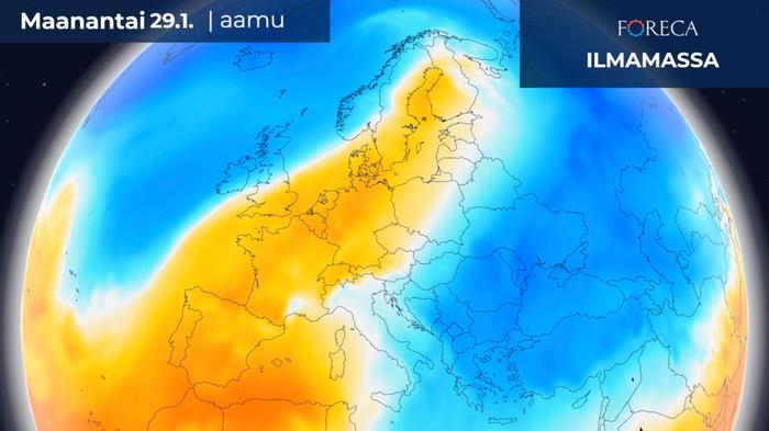 Lämpimän ilmamassan kieleke ylittää Suomen Lämpimän ilmamassan kieleke ylittää Suomen maanantaina.