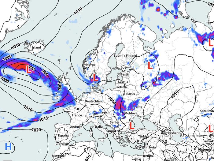 Pohjois-Euroopan yllä oleva erittäin laaja matalapaine täyttää ilmanpainekartan matalapainetta merkitsevillä L-kirjaimilla.