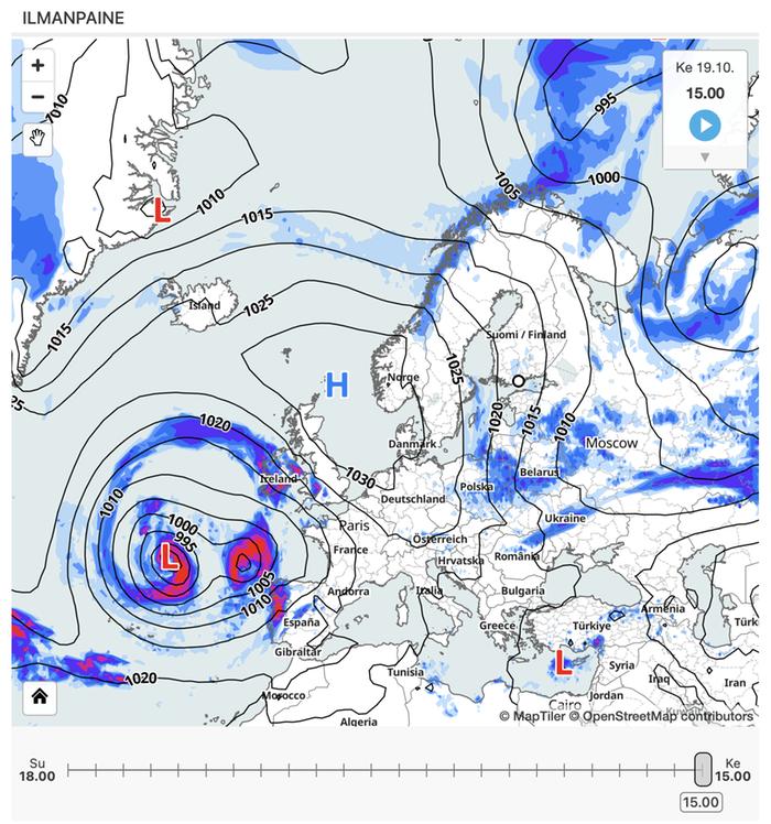Ilmanpaine-ennuste Eurooppaan keskiviikkona 19.10.2022.