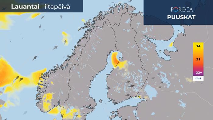 Lauantai-iltapäivänä tuulet ovat paikallisesti voimakkaita. Lauantai-iltapäivänä tuulet ovat paikallisesti voimakkaita.