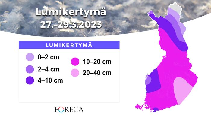 Lumikertymäennuste maanantaista keskiviikkoon 27.–29.3.2023.