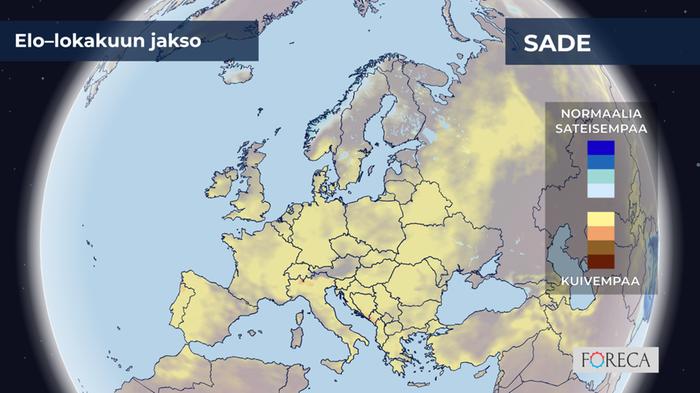 Elo–lokakuusta ennustetaan Etelä- ja Keski-Euroopassa tavanomaista vähäsateisempaa. Skandinaviassa ja Suomessa sademäärä on lähellä tavanomaista tai paikoin hieman sen yläpuolella.