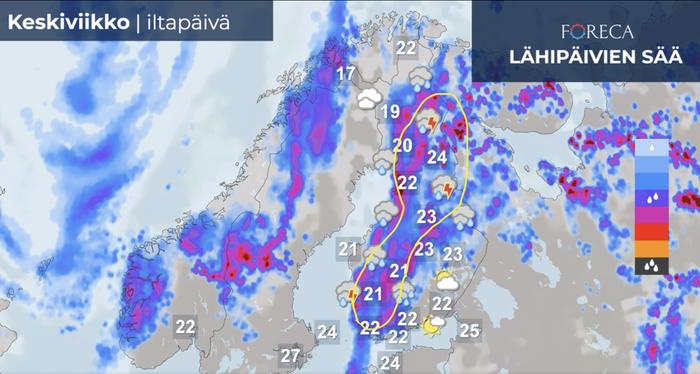 Keskiviikkona sade- ja ukkoskuuroja kehittyy Suomessa yleisesti. Varsinkin maan länsi- ja pohjoisosassa kuurosateiden mukana on myös ukkosia. Sade voi paikoin olla hyvin rankkaa ja aiheuttaa paikallista tulvimista.