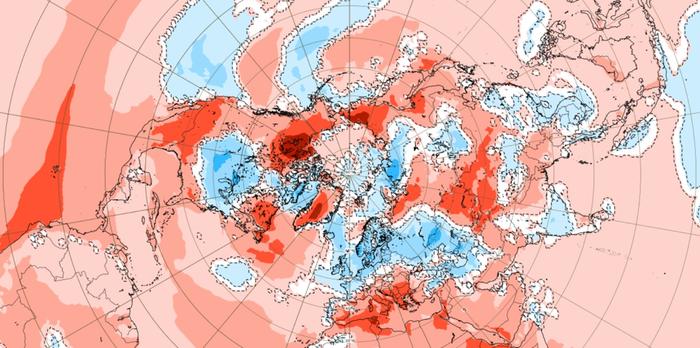 Kuluvalla viikolla sää on tavanomaista lämpimämpää punaisilla ja tavanomaista viileämpää sinisillä alueilla. Erityisesti Etelä-Euroopassa, Pohjois-Afrikassa, Keski-Aasiassa, osassa Siperiaa ja Yhdysvaltoja sekä Kanadaa odotetaan erittäin korkeita lämpötiloja.