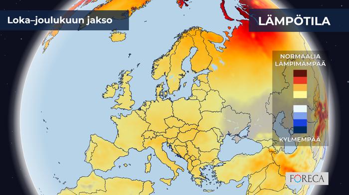 Loka–joulukuun 2022 keskilämpötila on ennusteen mukaan Suomessa ja lähes koko Euroopassa keskimääräistä korkeampi.