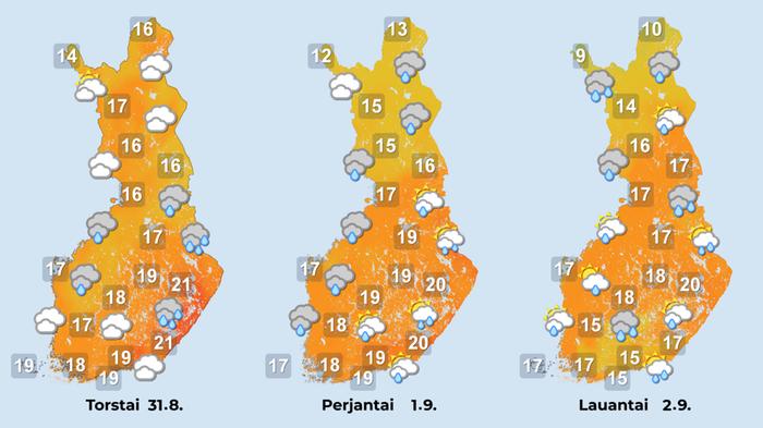 Loppuviikon ennuste Elokuu päättyy ja syyskuu alkaa epävakaisena. Sateita on tiedossa lisää ja aurinkoiset hetket jäävät vähiin.