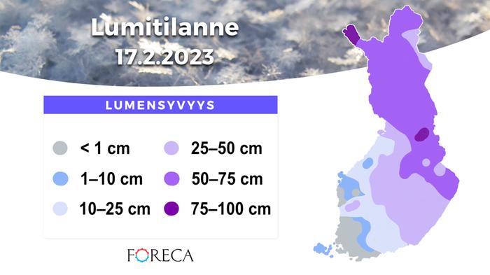 Lumensyvyys 17.2.2023. Paksuimmat nietokset löytyvät idästä ja pohjoisesta.