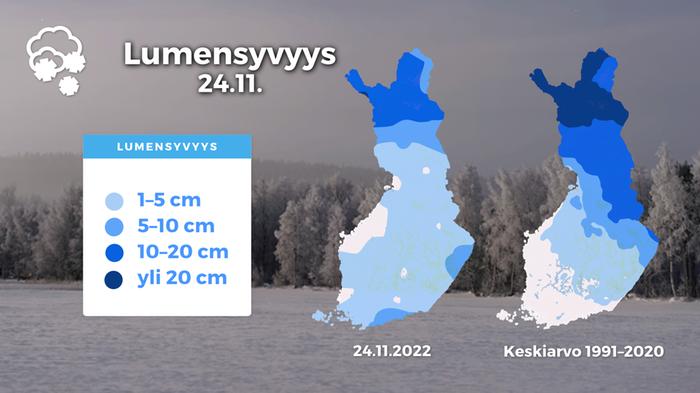 Lumensyvyys 24.11.2022 sekä ajankohdan keskimääräinen lumensyvyys vertailukaudella 1991–2020.