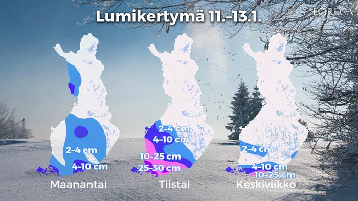 Lumikertymäennuste 11.–13.1.2021.