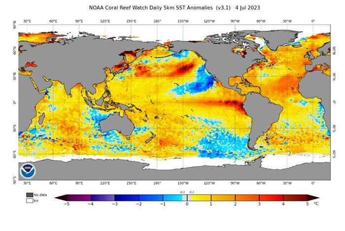 El Niño -ilmiön vaikutus näkyy tästä kartalta selvästi: merivesi on normaalia lämpimämpää Tyynen valtameren itäisissä osissa lähellä tropiikkia.