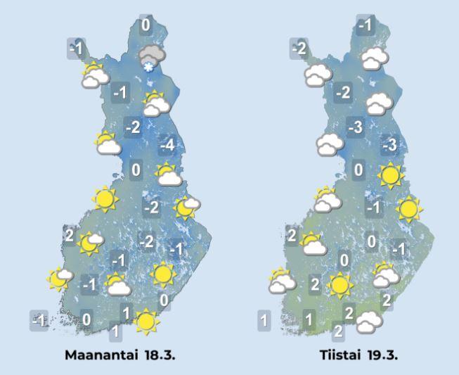 Sääennuste maanantaille ja tiistaille 18.–19.3.2024 Sääennuste maanantaille ja tiistaille 18.–19.3.2024.