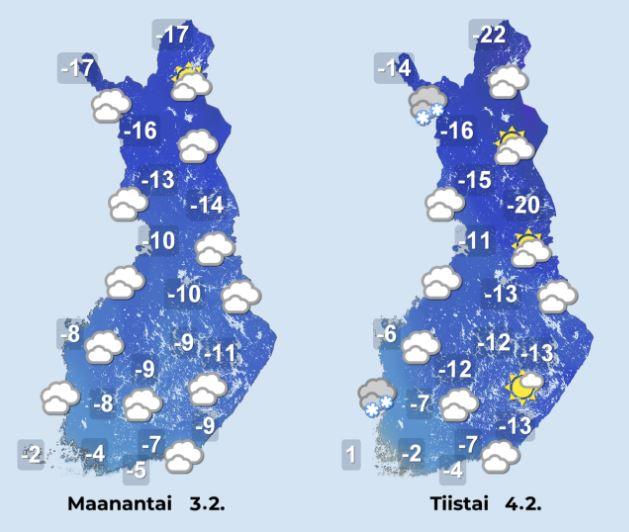 Sääennuste maanantaille ja tiistaille 3.–4.2.2025 Sääennuste maanantaille ja tiistaille 3.–4.2.2025.