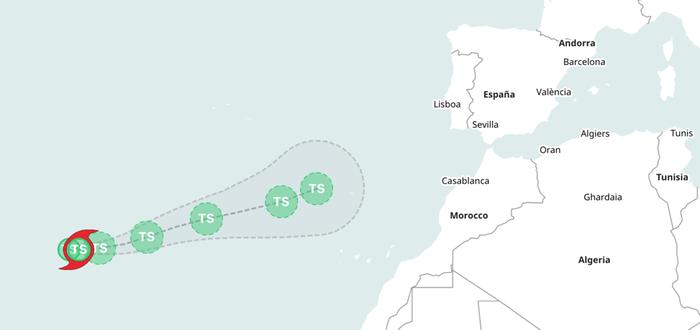 Trooppinen myrsky Theta etenee Atlantilla itään.