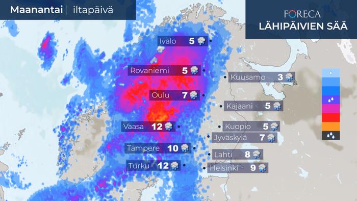 Sateet leviävät maanantai-iltapäivän ja illan mittaan kohti itää.