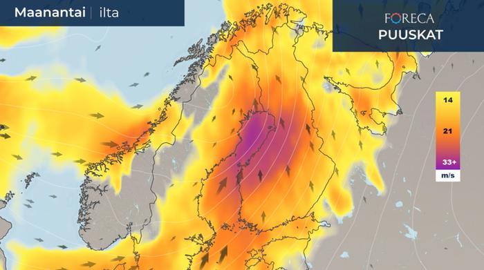 Puuskaennuste maanantai-illaksi 2.11.2020.
