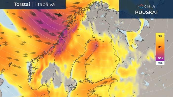 Puuskaennuste torstai-iltapäivälle 5.11.2020.