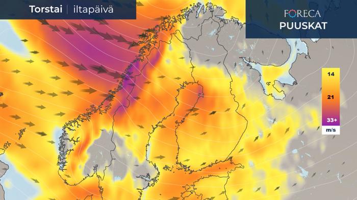 Puuskainen tuuli tuntuu torstaina laajalti.