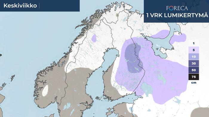 Lumikertymäennuste keskiviikolle 16.12.2020.