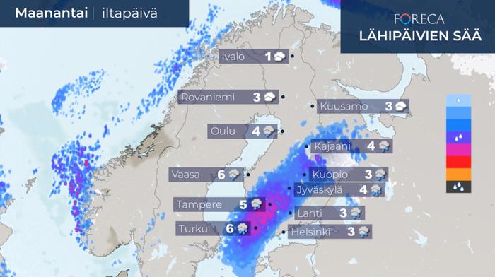 Ennuste maanantai-iltapäiväksi 21.12.2020.