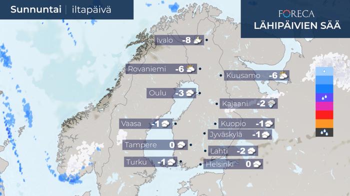 Ennuste sunnuntai-iltapäiväksi 13.12.2020.