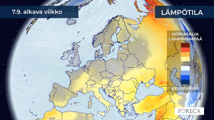 Kuukausiennuste lämpötiloista 7.9.2020 alkavalle viikolle.